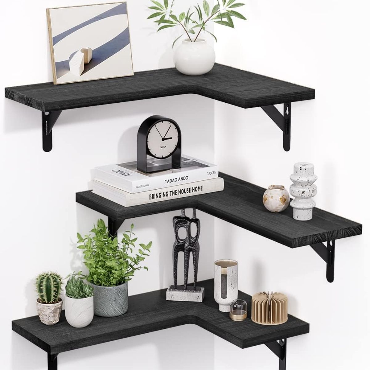 GENERICO - Repisa Esquinera De Madera Flotante Tres Unidades Negra Modelo 11