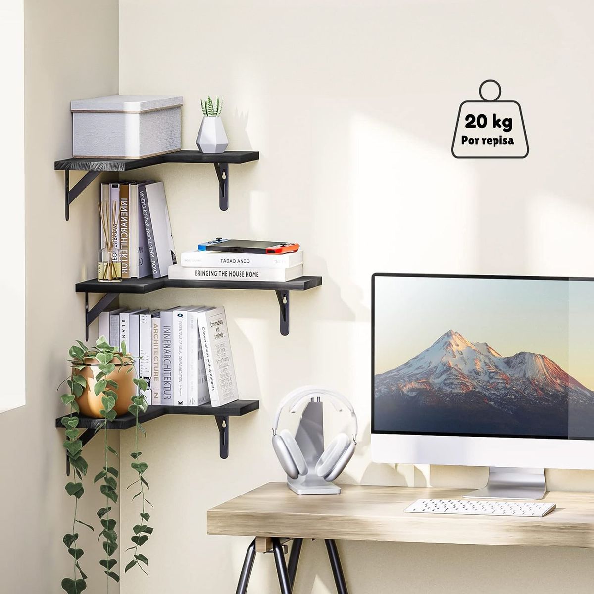 GENERICO - Repisa Esquinera De Madera Flotante Tres Unidades Negra Modelo 11