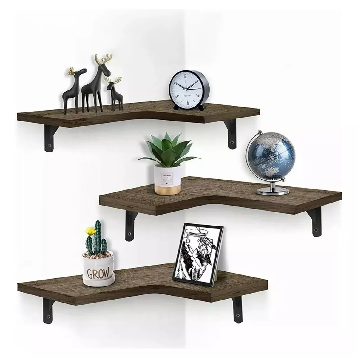 RAGNAR - Repisa Esquinera de Madera Flotante Tres Unidades Café Oscuro Modelo 11