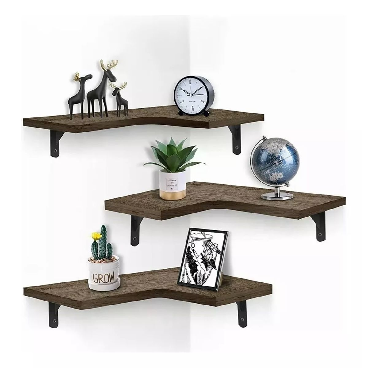 RAGNAR - Repisa Esquinera de Madera Flotante Tres Unidades Café Oscuro Modelo 11