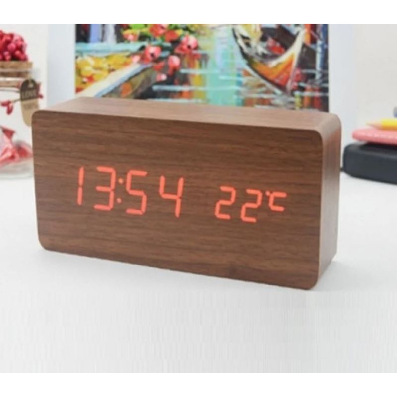 INVENCIBLE - RELOJ CAFE DESPERTADOR LED RECTANGULA TIPO MADERA NB59