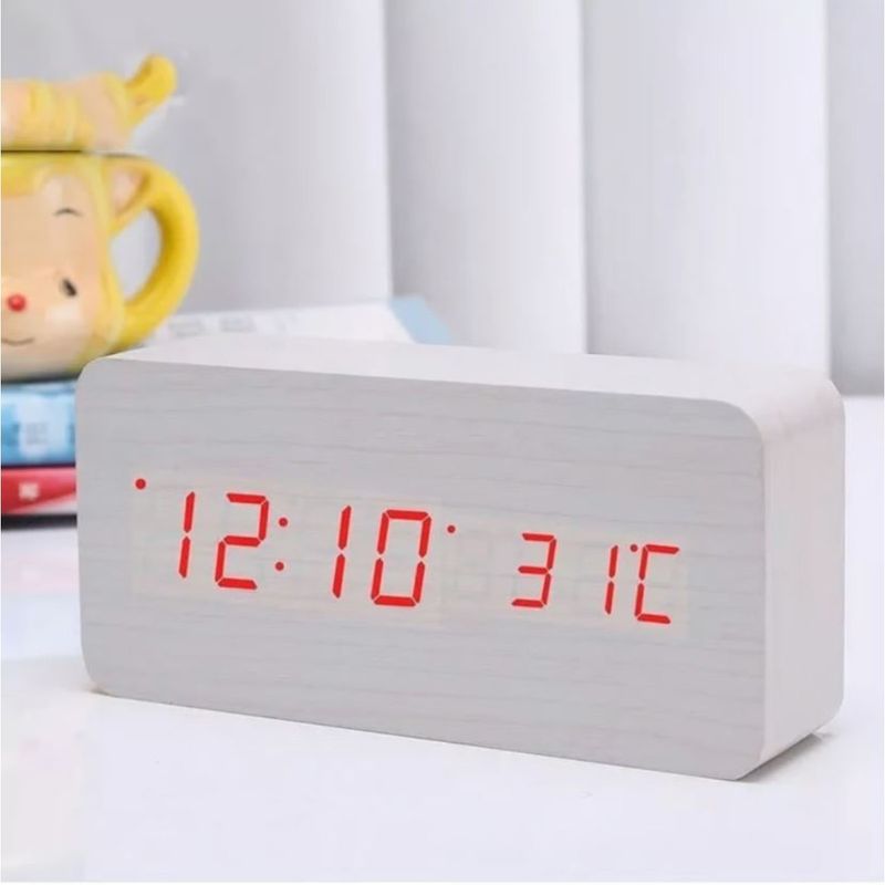 INVENCIBLE - RELOJ BLANCO DESPERTADOR LED RECTANGULA TIPO MADERA NB61