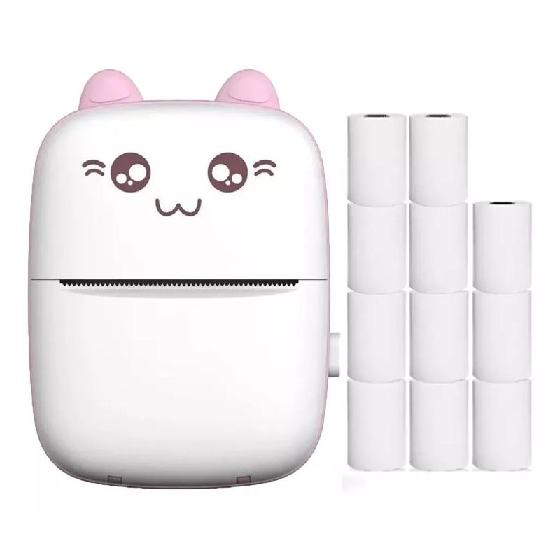 MUNDO MAGIA - Mini Impresora Térmica Gatita Bluetooth 200dpi 11 Rollos