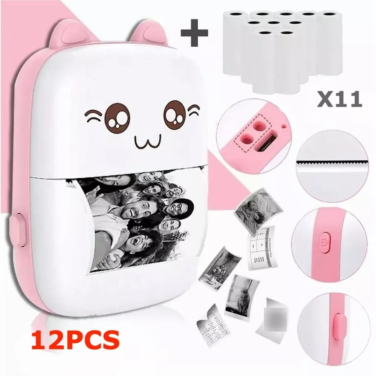 MUNDO MAGIA - Mini Impresora Térmica Gatita Bluetooth 200dpi 11 Rollos