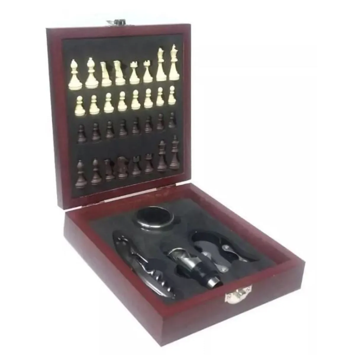 INVENCIBLE - SET ESTUCHE ABRIDOR DE VINO CON AJEDREZ MADERA PORTATIL