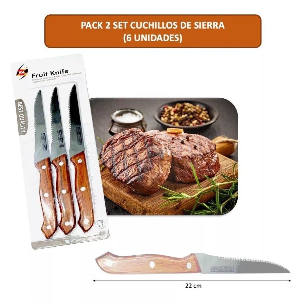 GENERICO - Pack 6 Cuchillos De Sierra Para Asados Acero Inoxidable