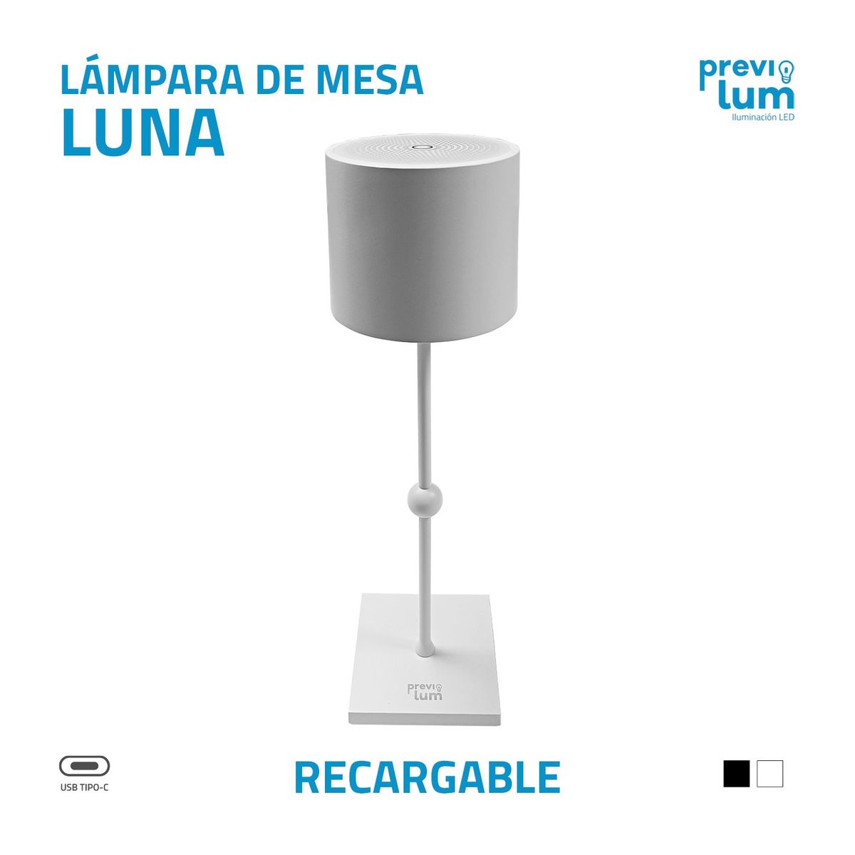 PREVILUM - LAMPARA DE MESA RECARGABLE BLANCA MODELO LUNA 3 COLORES DE LUZ