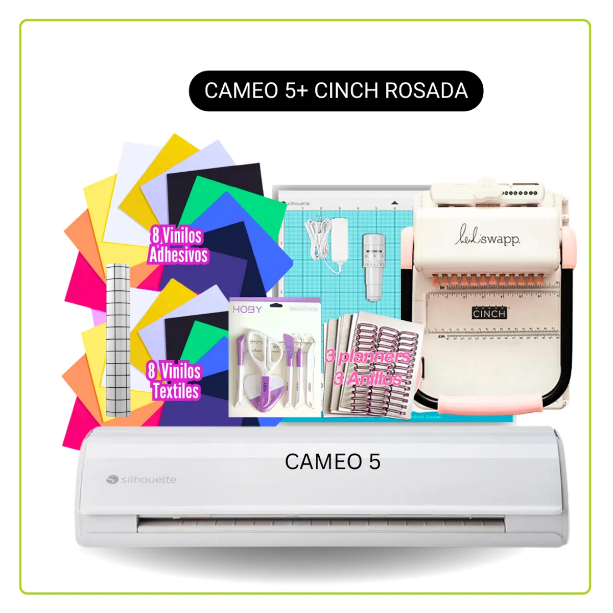 SILHOUETTE - Cameo 5 + ENCUADERNADORA CINCH ROSADA + INSUMOS