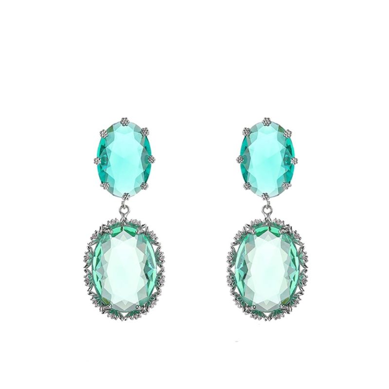 VANE COLLECTION - Aros mujer pegado colgante fino baño rodio circón verde