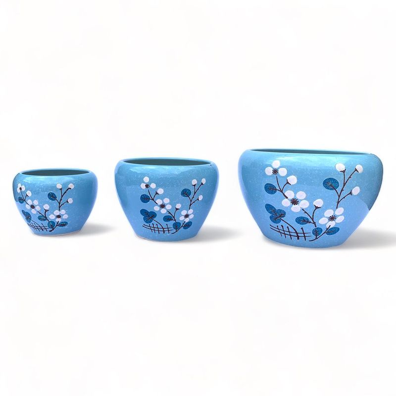 GENERICO - Set de 3 Maceteros de Cerámica Diseño flor azul