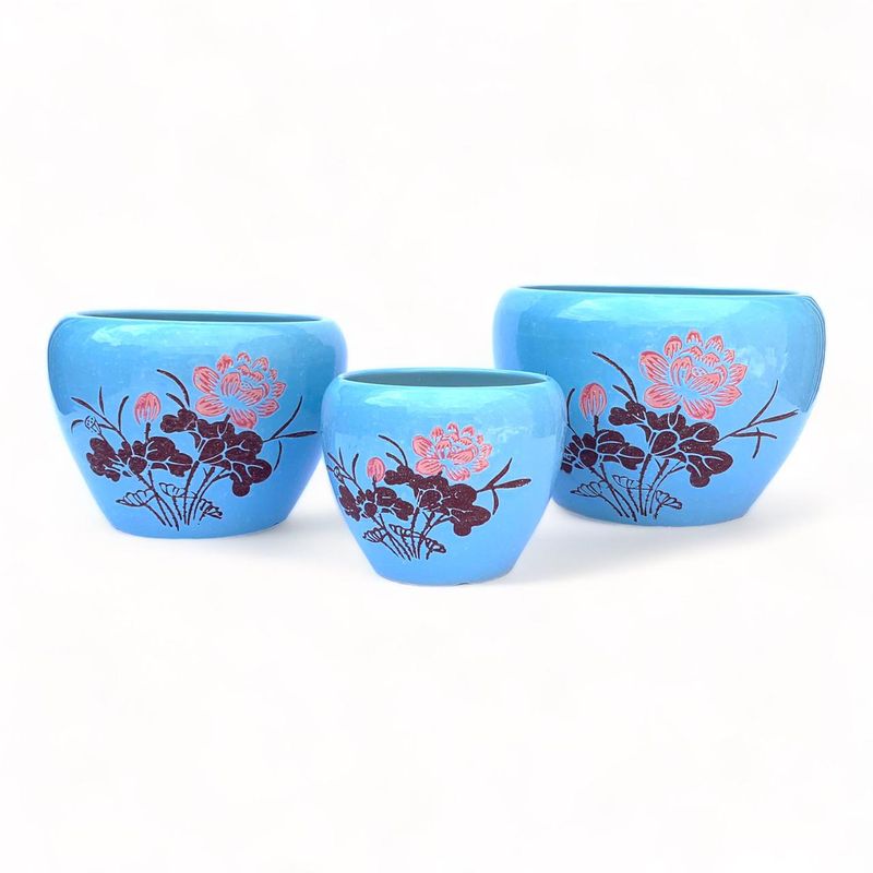 GENERICO - Set de 3 Maceteros de Cerámica Diseño Celeste Flor