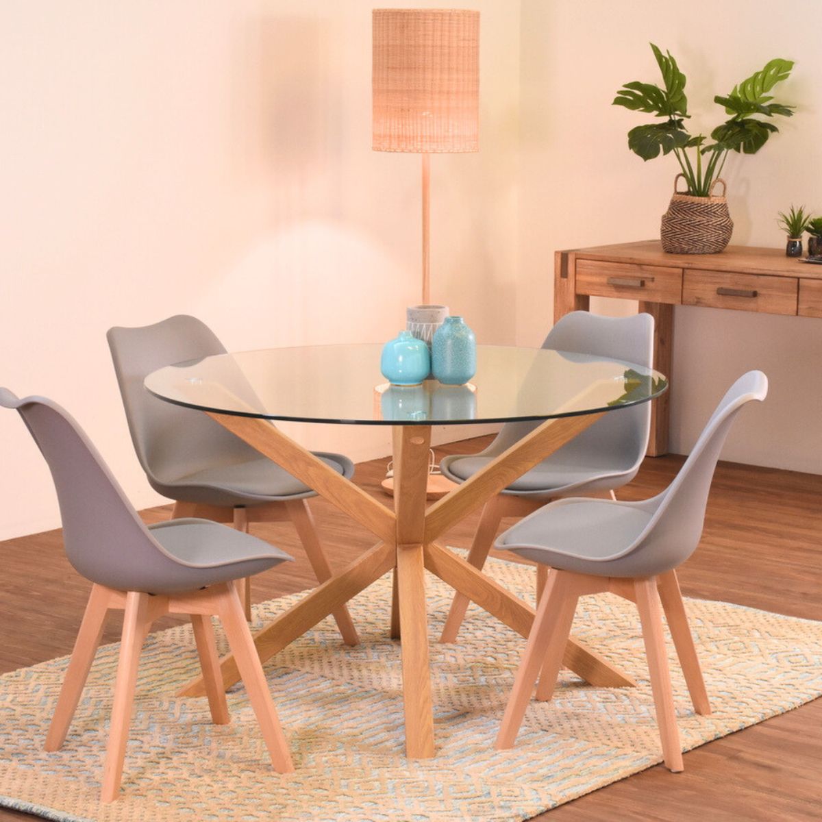 PANDALINO - Comedor Mesa Redonda Equiz 120cm + 4 Sillas Tulip Gris