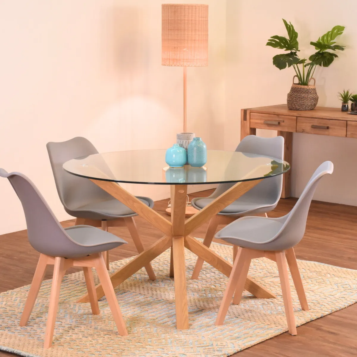 PANDALINO - Comedor Mesa Redonda Equiz 120cm + 4 Sillas Tulip Gris