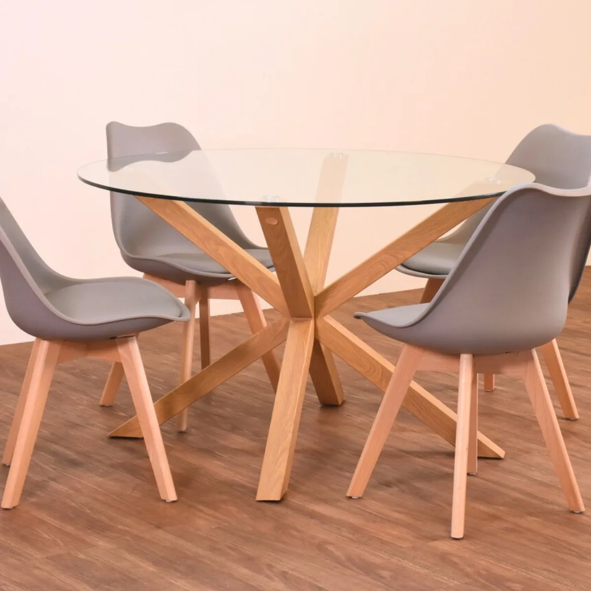 PANDALINO - Comedor Mesa Redonda Equiz 120cm + 4 Sillas Tulip Gris