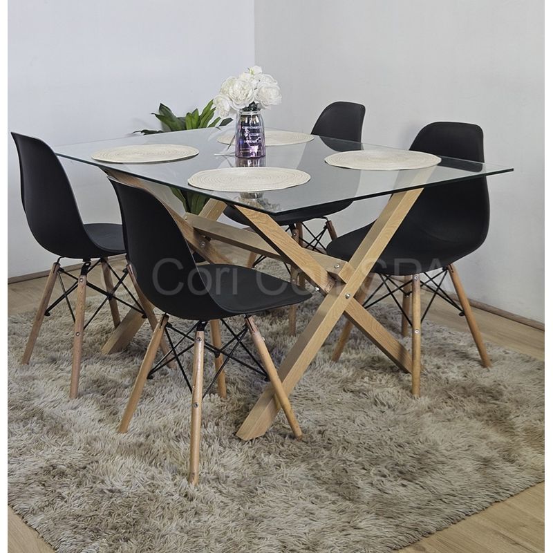 CORI CORI - Comedor Medlock Vidrio 130x80cm + 4 Sillas Eames replica color Negro