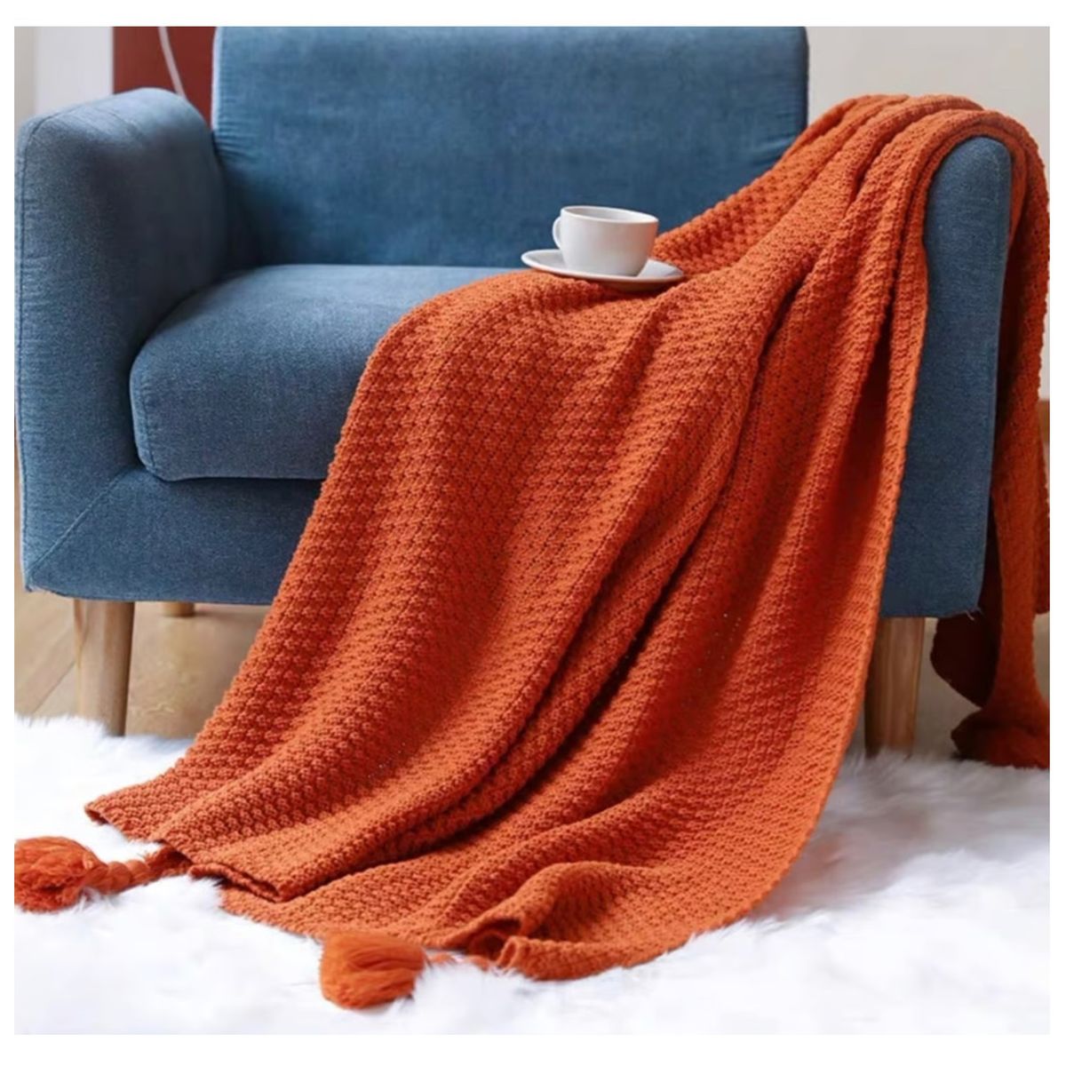 GENERICO - Manta para Sofá o Piecera Blanket Mod Tejido y Borlas Terracota