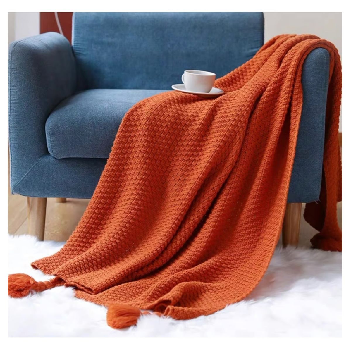 GENERICO - Manta para Sofá o Piecera Blanket Mod Tejido y Borlas Terracota