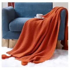GENERICO - Manta para Sofá o Piecera Blanket Mod Tejido y Borlas Terracota