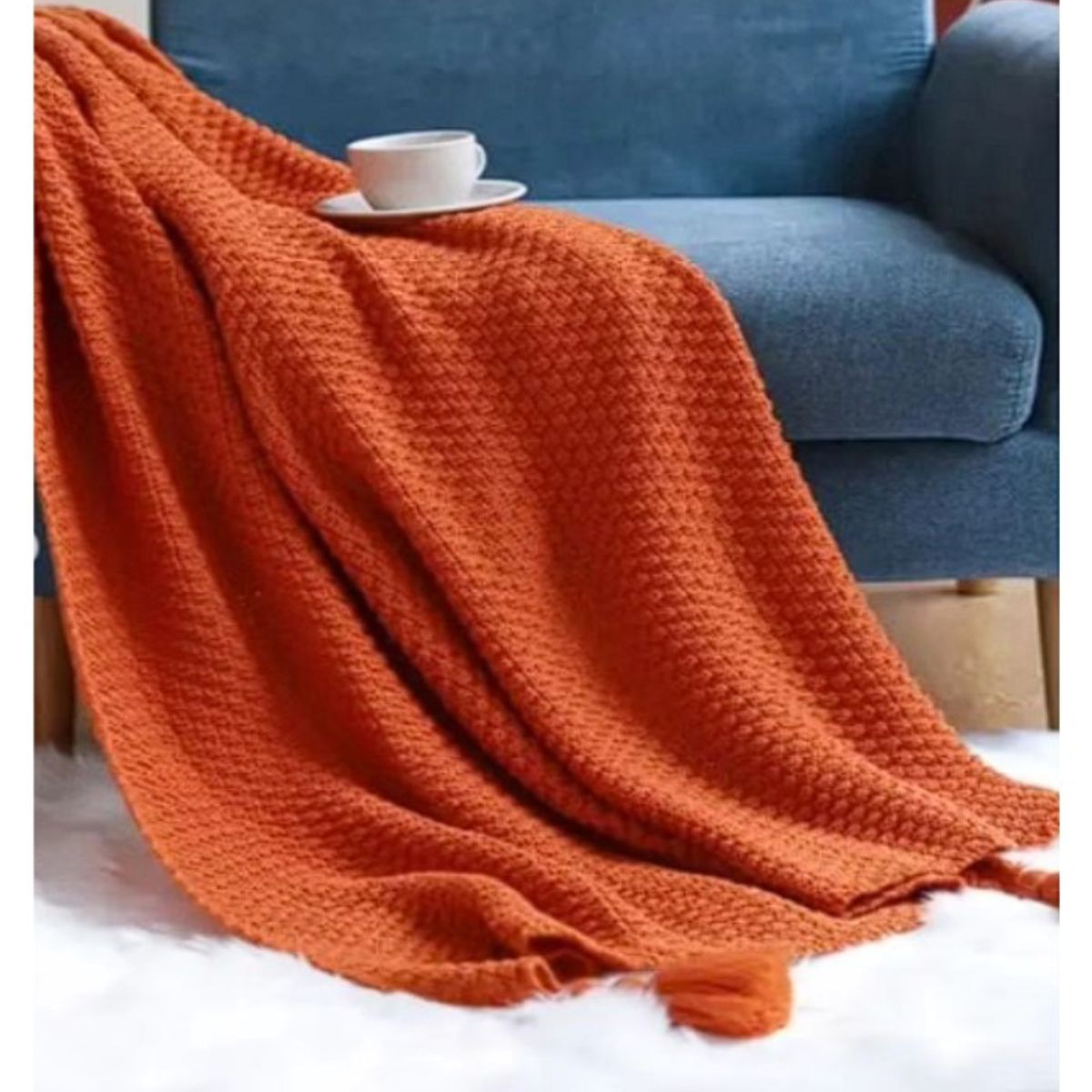 GENERICO - Manta para Sofá o Piecera Blanket Mod Tejido y Borlas Terracota