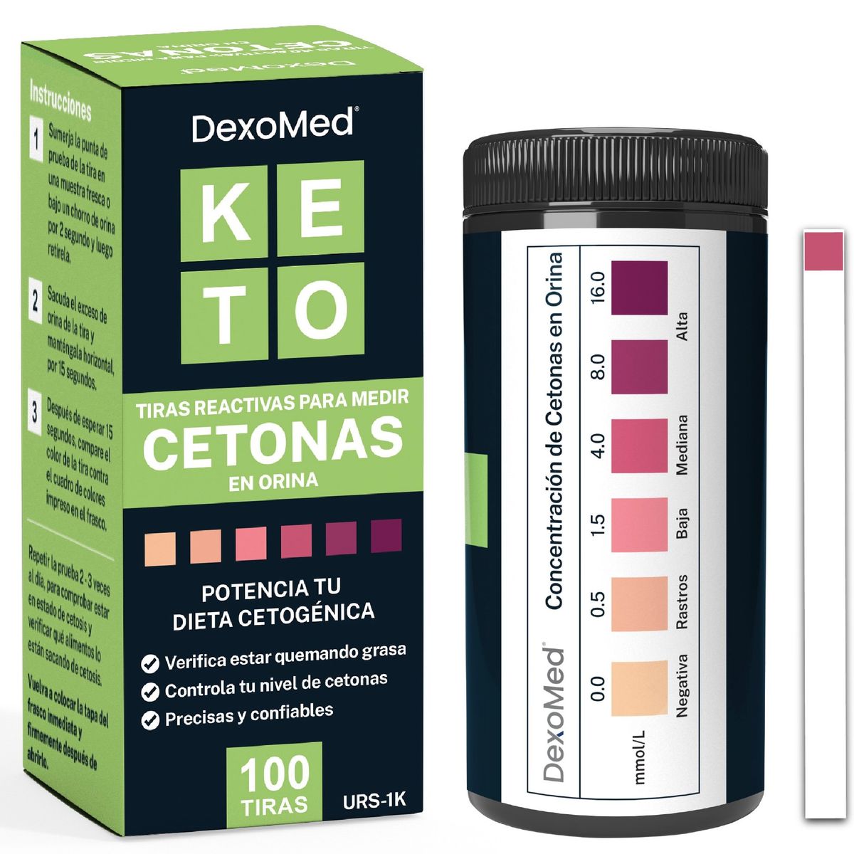 DEXOMED - Tiras Reactivas DexoMed para Medir Cetonas en Orina - 100 Tiras