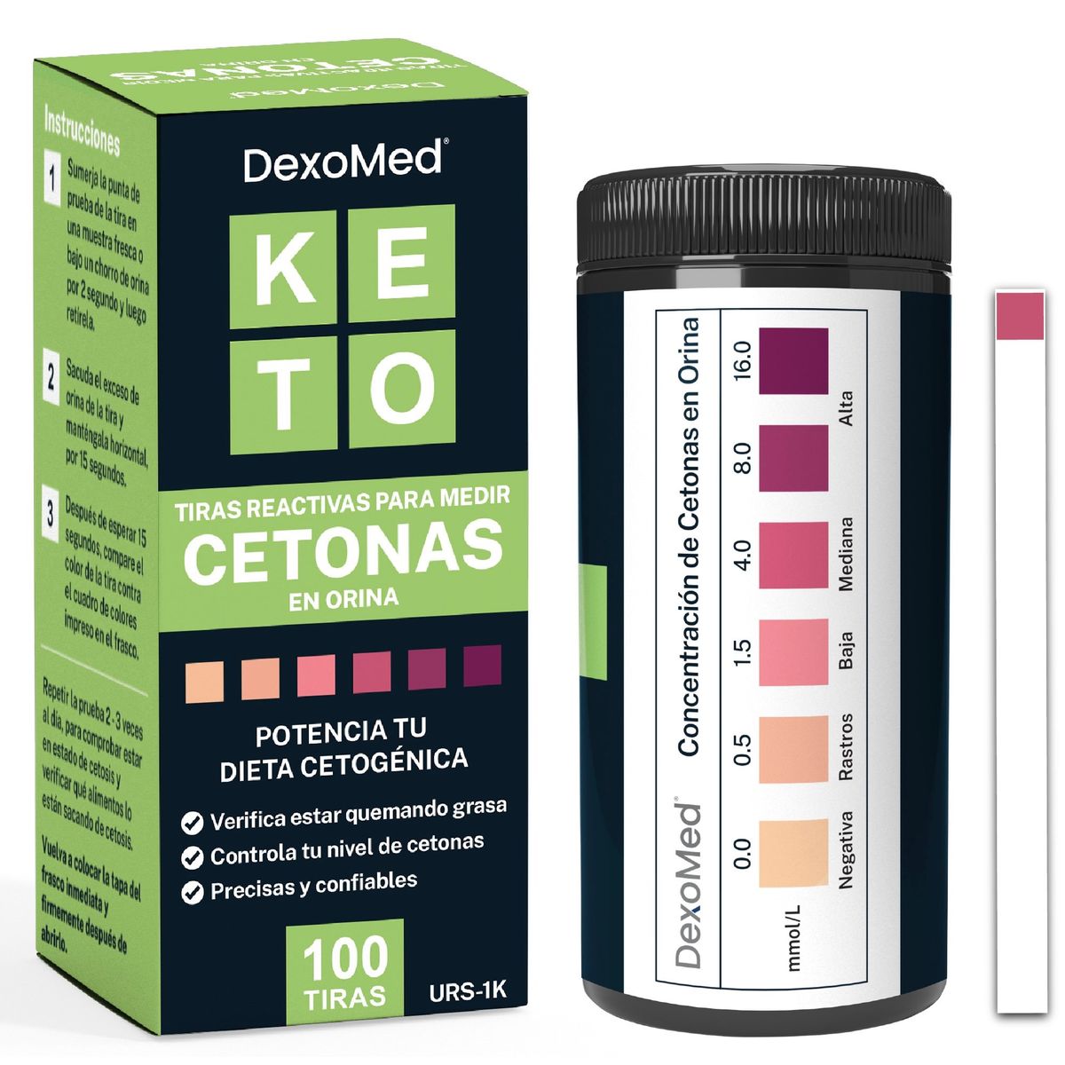 DEXOMED - Tiras Reactivas DexoMed para Medir Cetonas en Orina - 100 Tiras
