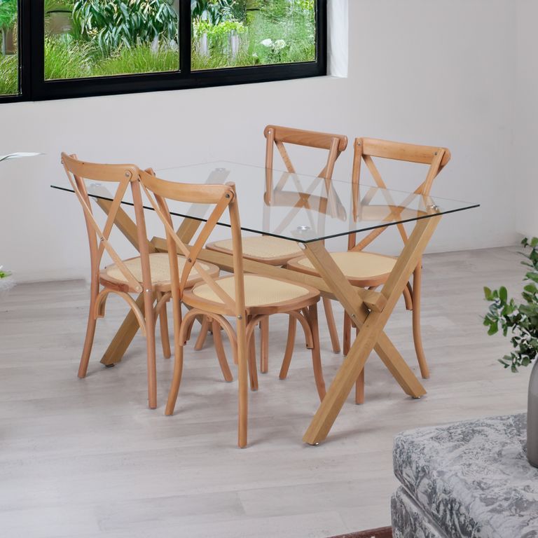 Comedor Mesa Xinia 140X90 + 4 Sillas Crossback - Madera & Ratan Madera clara COMX1404MADERAMADERA