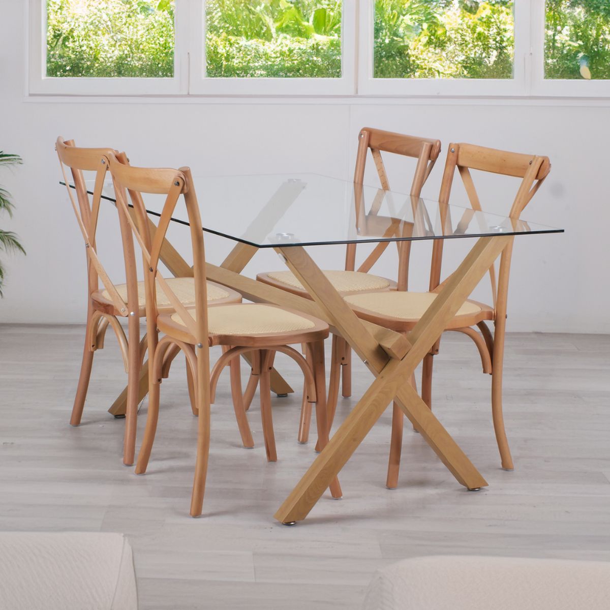 PANDALINO - Comedor Mesa Xinia 140X90 + 4 Sillas Crossback - Madera & Ratán