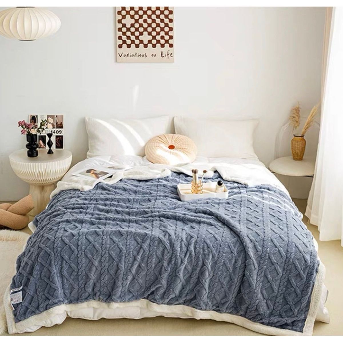 COMPRAPO - Frazada Manta Polar Sherpa Térmica 2 Plzs Trenzado Relieve Azul Piedra