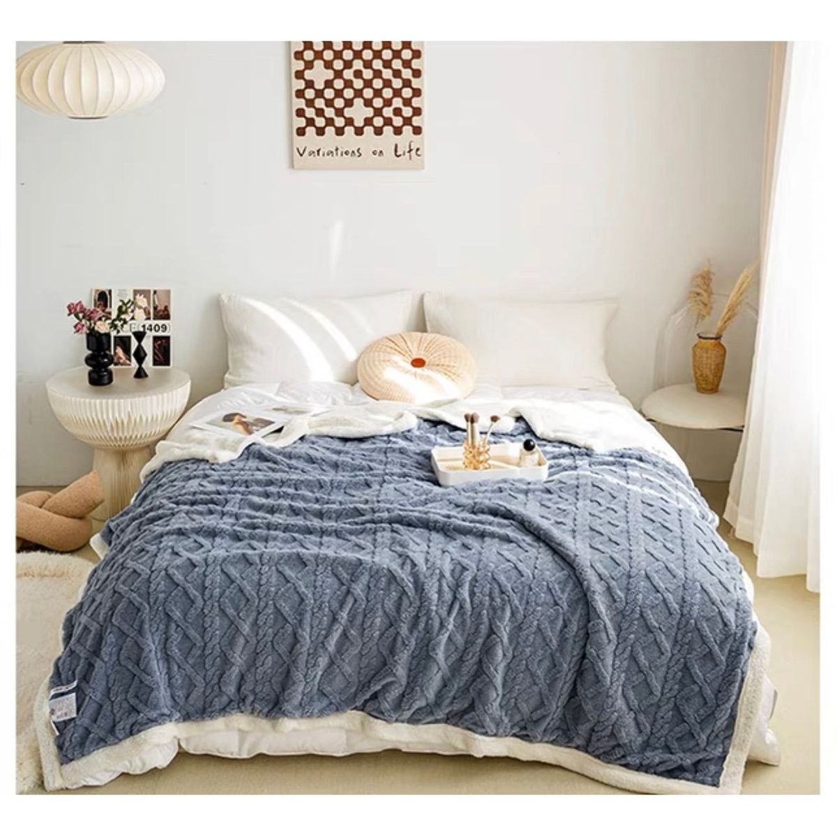 COMPRAPO - Frazada Manta Polar Sherpa Térmica 2 Plzs Trenzado Relieve Azul Piedra