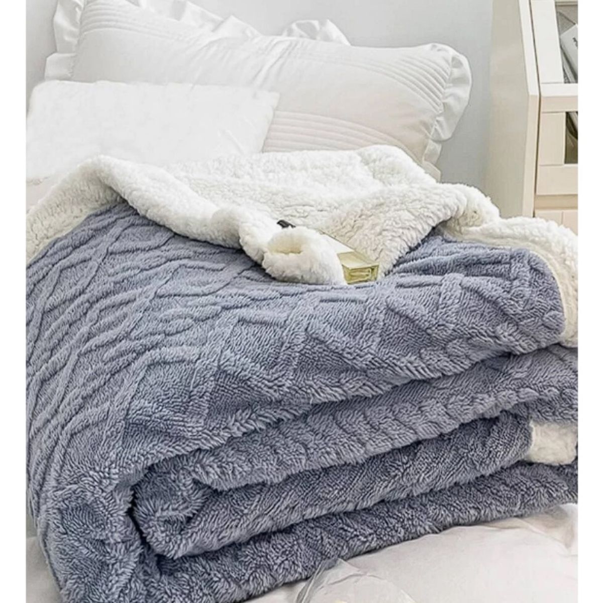 COMPRAPO - Frazada Manta Polar Sherpa Térmica 2 Plzs Trenzado Relieve Azul Piedra