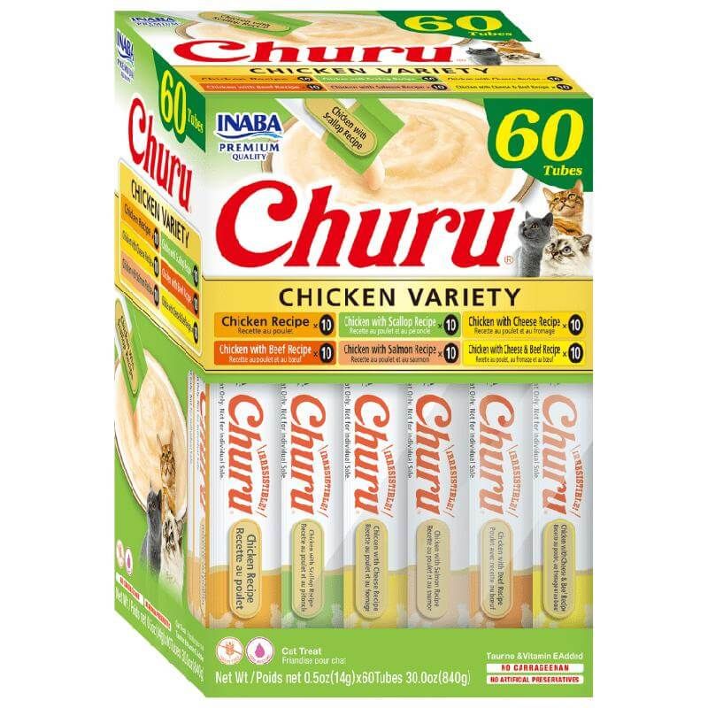INABA - CHURU GATOS - CAJA VARIEDADES - POLLO - 60 UNIDADES