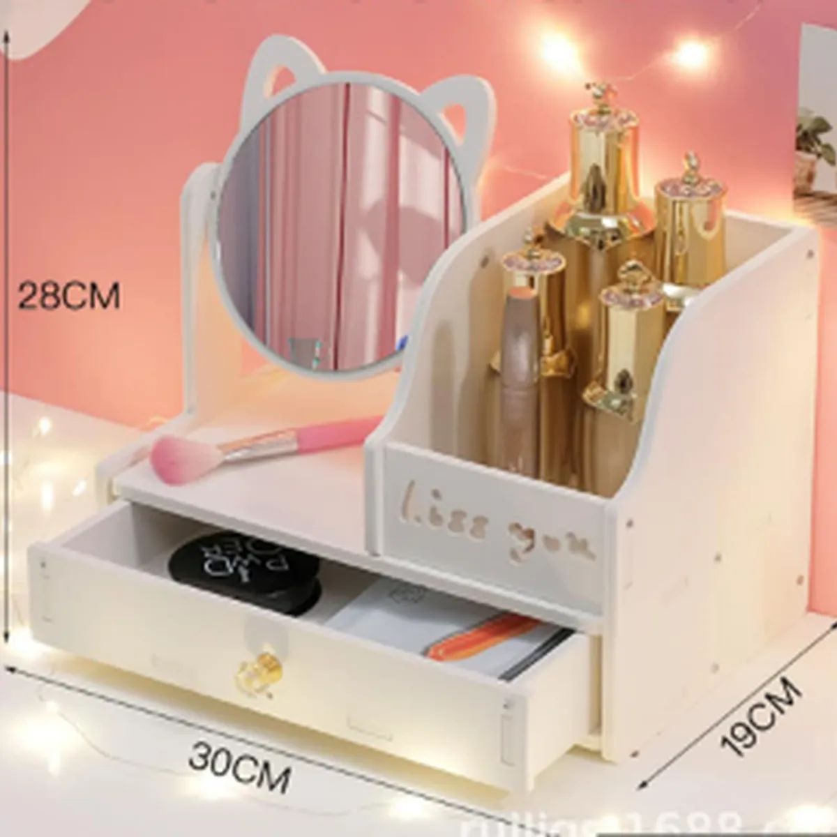 GENERICO - Organizador Multiuso con Cajon y Espejo de Gato KISS Elegante-Moderno