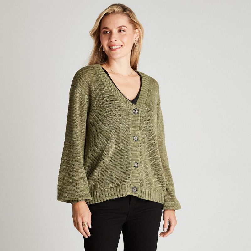 CURVI - Cárdigan Verde Manga Larga Cuello V CURVI