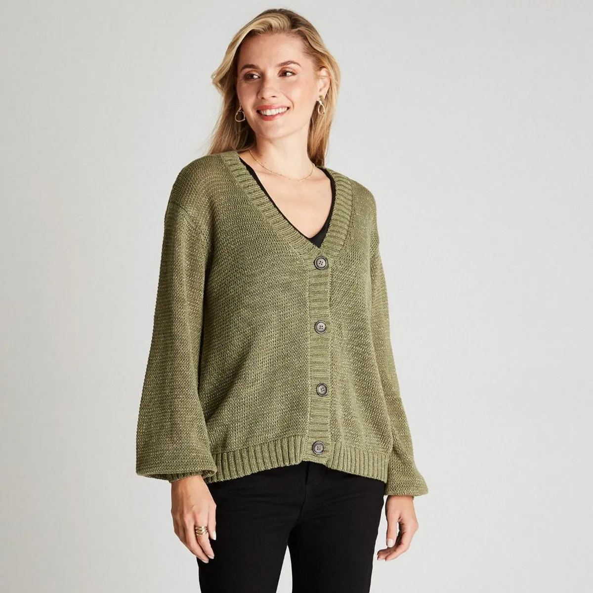 CURVI - Cárdigan Verde Manga Larga Cuello V CURVI