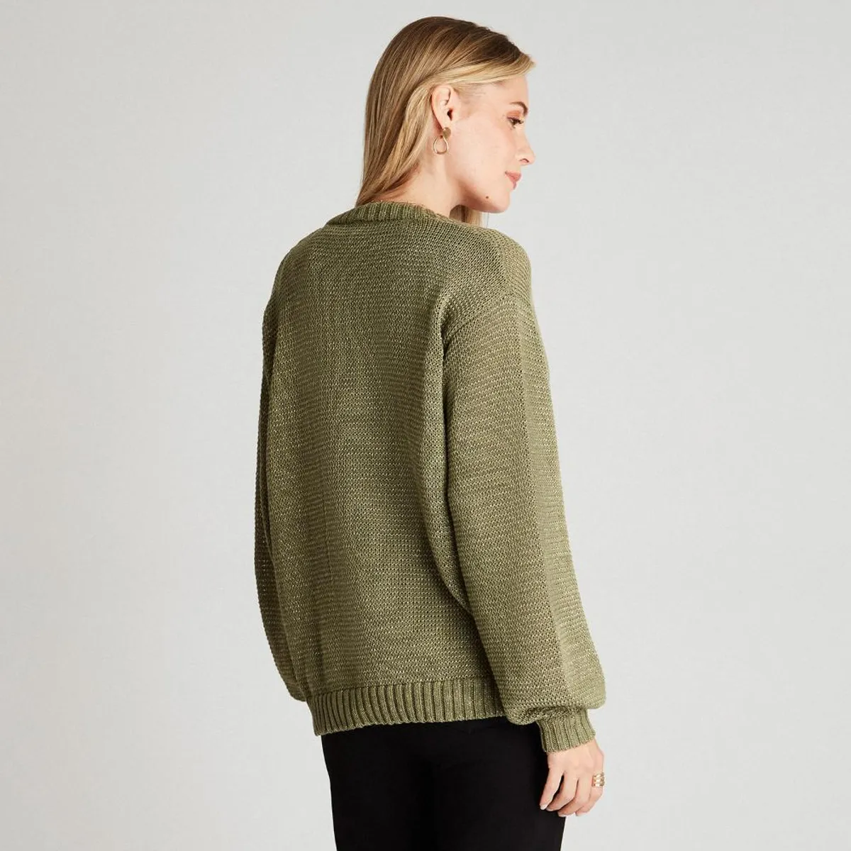 CURVI - Cárdigan Verde Manga Larga Cuello V CURVI