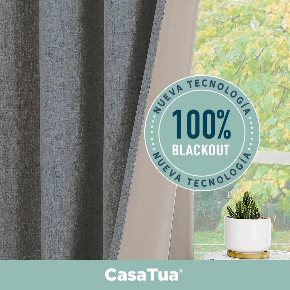 CASATUA - Cortina Blackout 100% 1 Paño 140x220 Cm Textura Lino - Gris oscuro