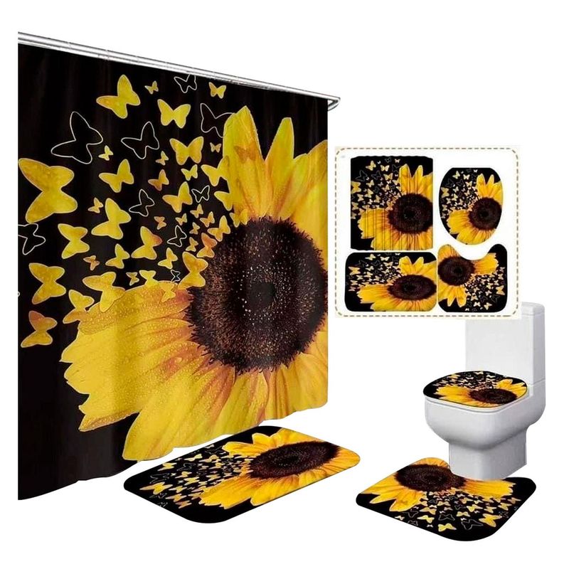 GENERICO - Cortina De Ducha + Set De Alfombra + Tapete Baño Girasoles