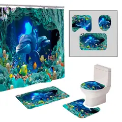 GENERICO - Cortina De Ducha + Set De Alfombra + Tapete Baño Delfines