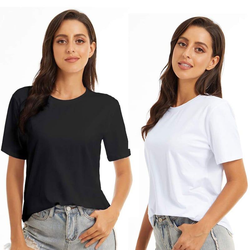 EVERSO - Pack 3 Polera Manga Corta Algodón Mujer Básicos 2Negro+1Blanco