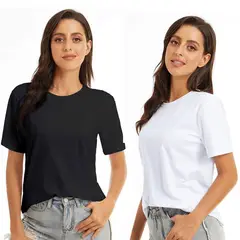 EVERSO - Pack 3 Polera Manga Corta Algodón Mujer Básicos 2Negro+1Blanco