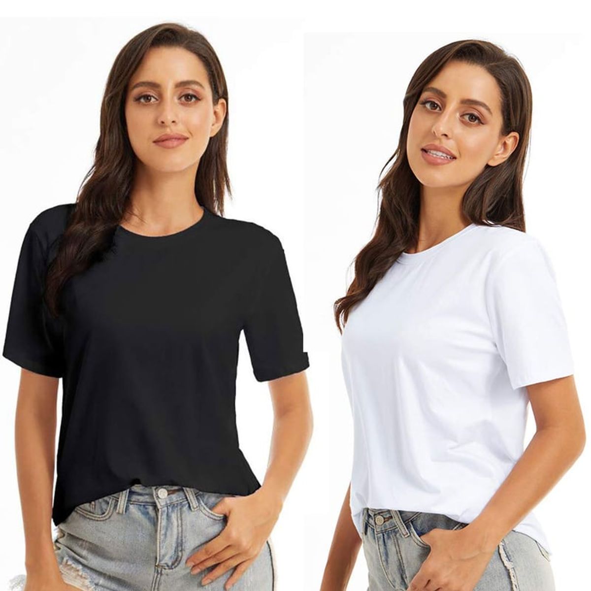 EVERSO - Pack 3 Polera Manga Corta Algodón Mujer Básicos 2Negro+1Blanco