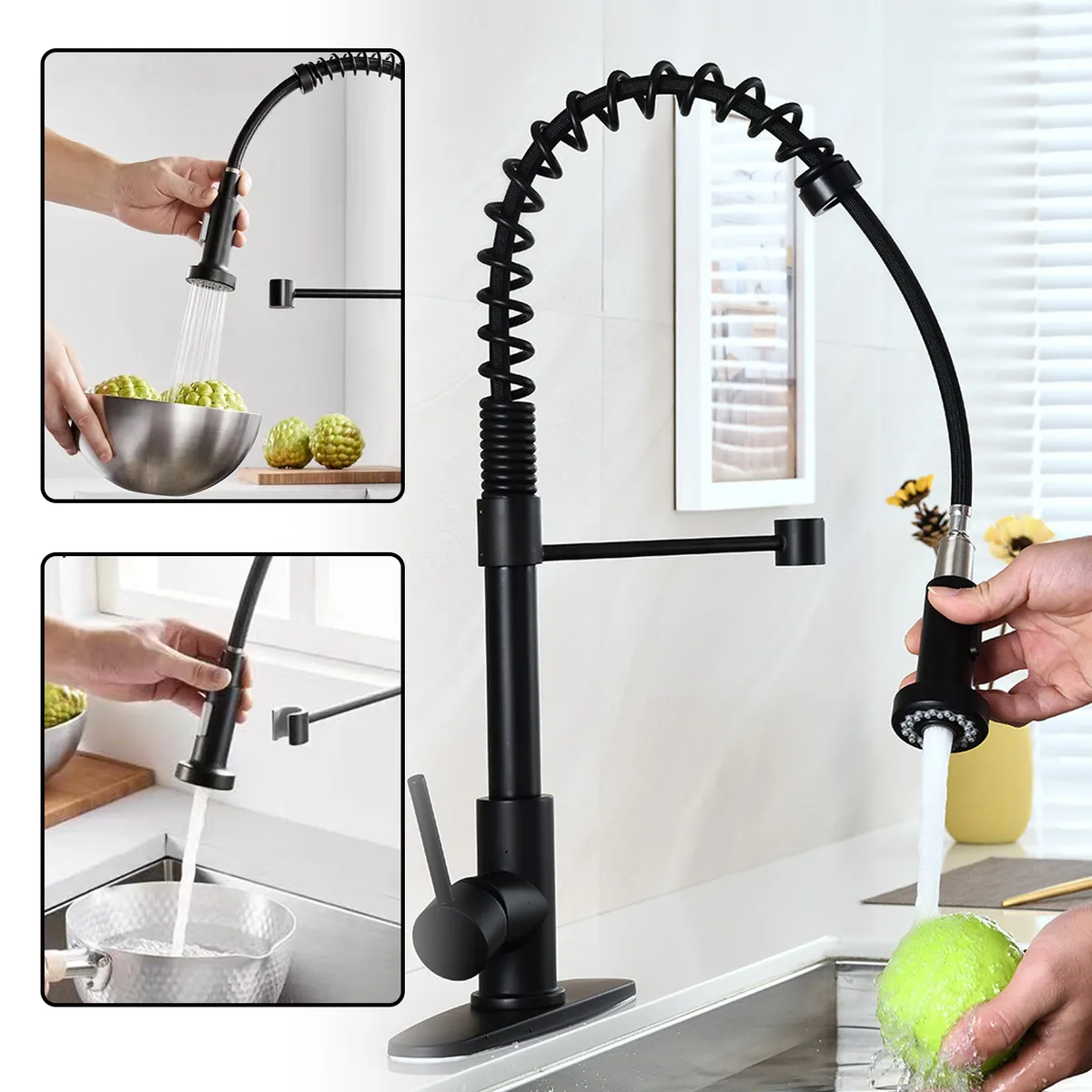 LEFORGE - Grifo Llave Alta Monomando Cocina Rociador Flexible Acero Negro