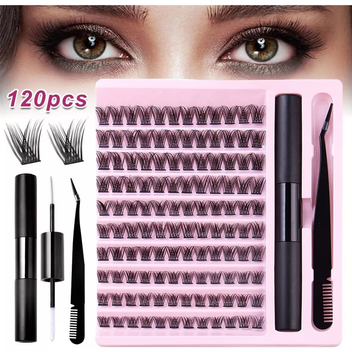 KUANGYE - Kit 120 Pestañas Efecto Natural+pegamento+pinza 10-14mm
