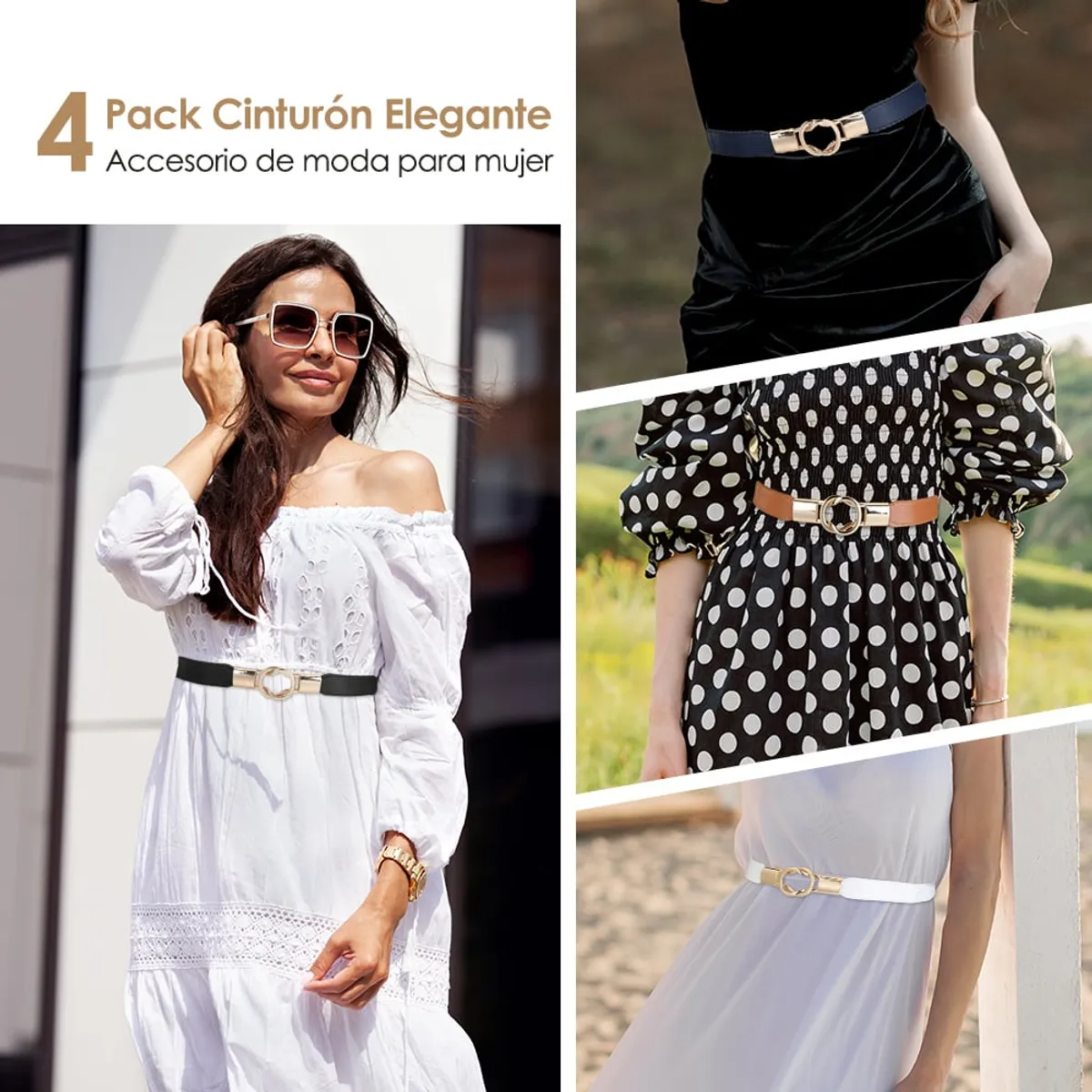 LUKOVEE - Pack 4 Cinturón Mujer Ajustable Elástico 65-90cm Ancho 25cm