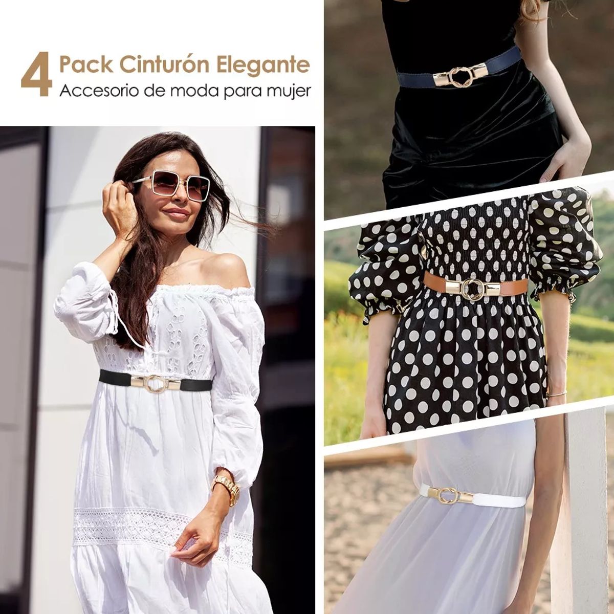SLOWTON - Pack 4 Cinturón Mujer Ajustable Elástico 65-90cm Ancho 25cm
