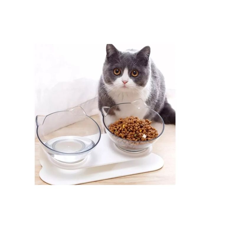 GENERICO - Plato Doble Para Mascotas Con Forma De Gato Blanco