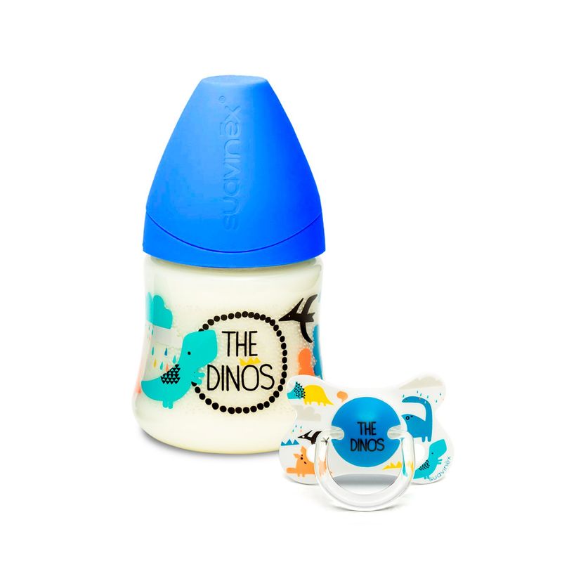 SUAVINEX - PACK MAMADERA SILICONA 150ML + CHUPETE ANATÓMICO +4-18M DINO