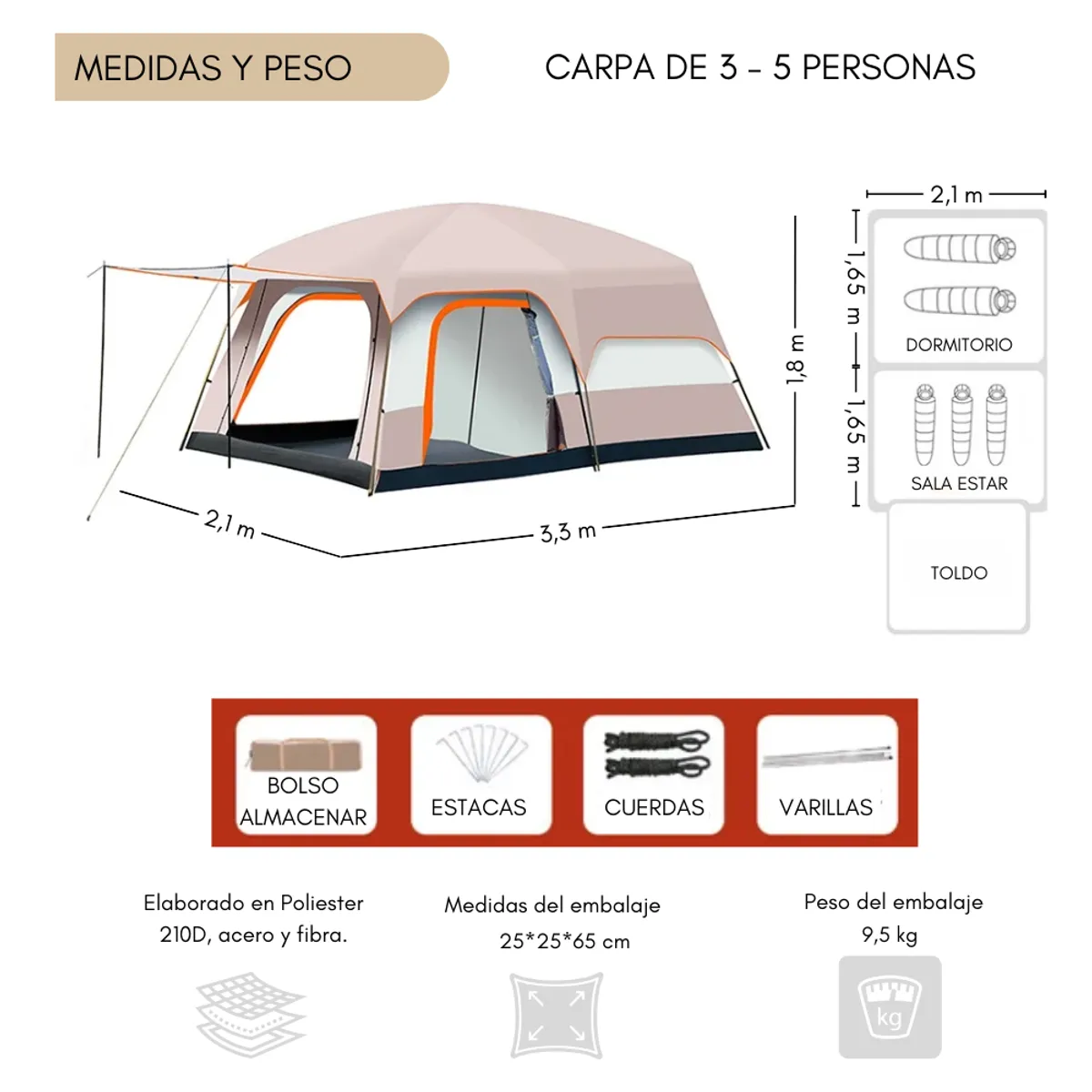 GENERICO - Carpa Camping Tienda Familiar 3-5 Personas Impermeable