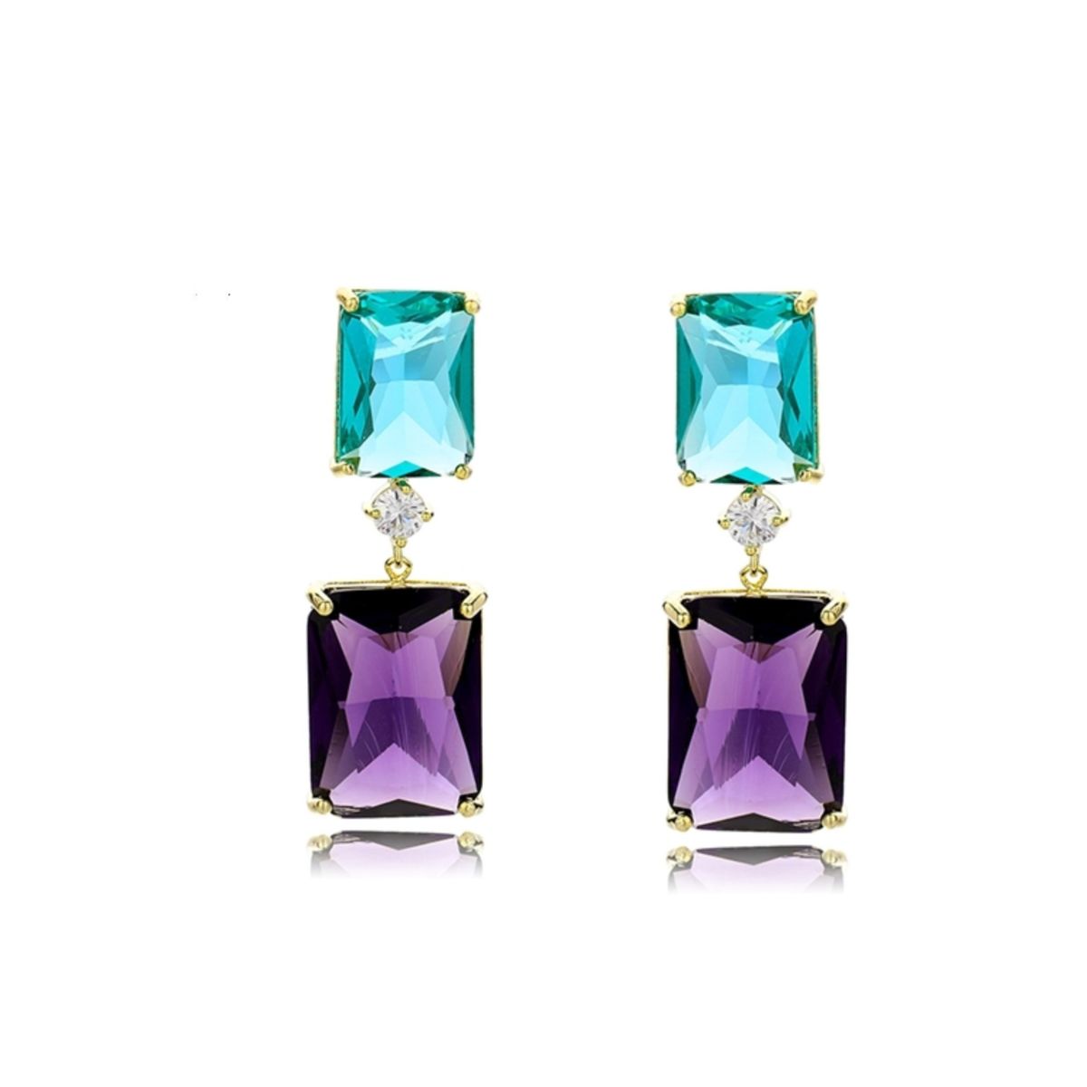 VANE COLLECTION - Aros para mujer pegado colgante fino baño oro circones verde y morado