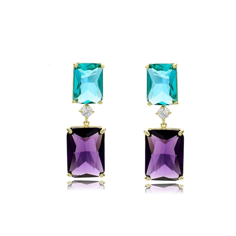 VANE COLLECTION - Aros mujer pegado colgante fino baño oro circones verde y morado